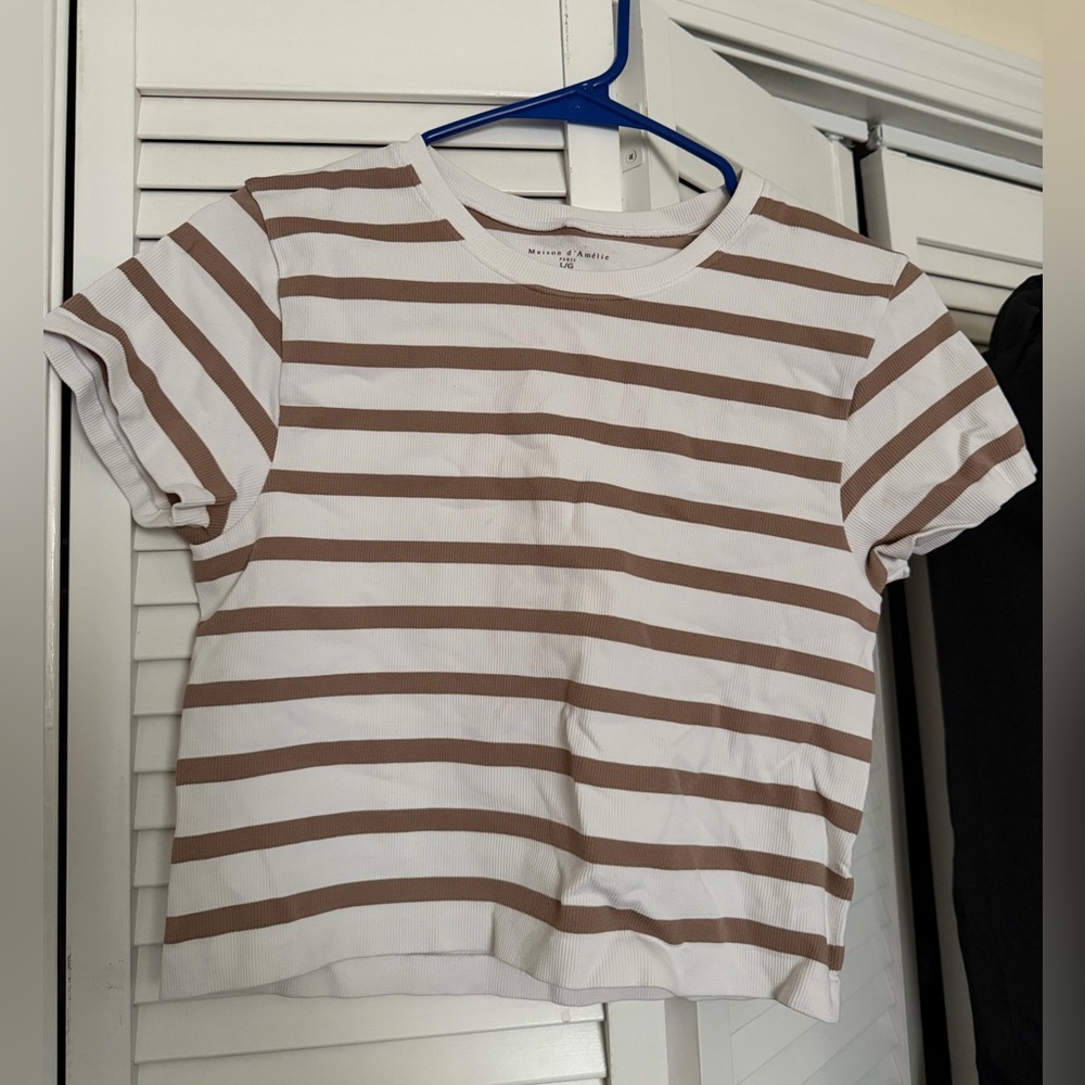 Striped White and Brown Crop Tee